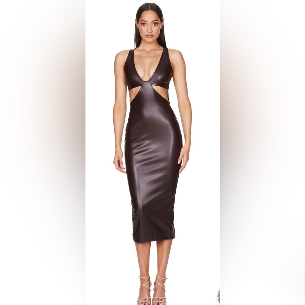 Nookie Alexia Cut Out Midi Faux Leather Brown Dress